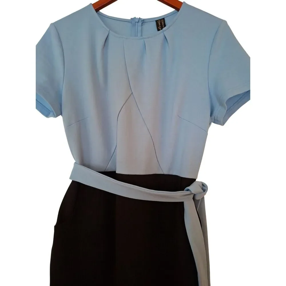 Vshow Vintage Women's Blue and Black Dress With Pockets